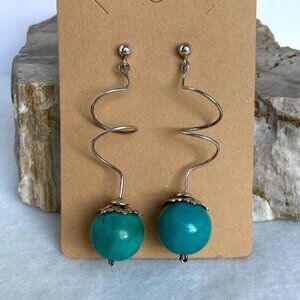 Sterling Silver 925 2.5" Long Spiral Large Faux Turquoise Ball Dangle Earrings